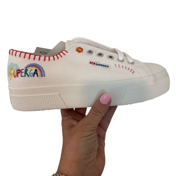 NEW Superga Happy Logo Womens White Sneakers. Colorful Embroidery Canvas Size 8 - Picture 7 of 11